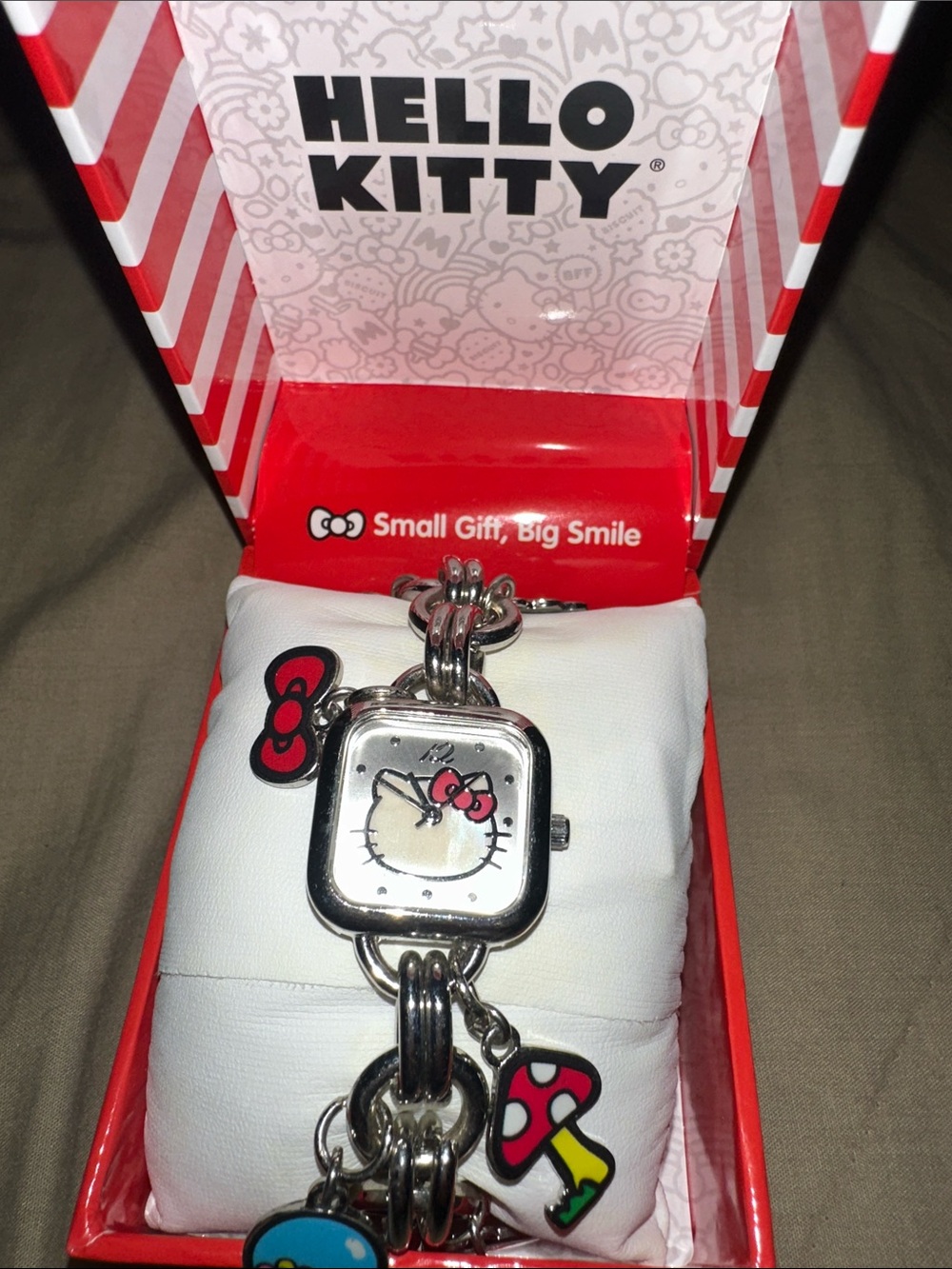 Hello Kitty Silver Charm Bracelet Watch with Red and Pink Accents